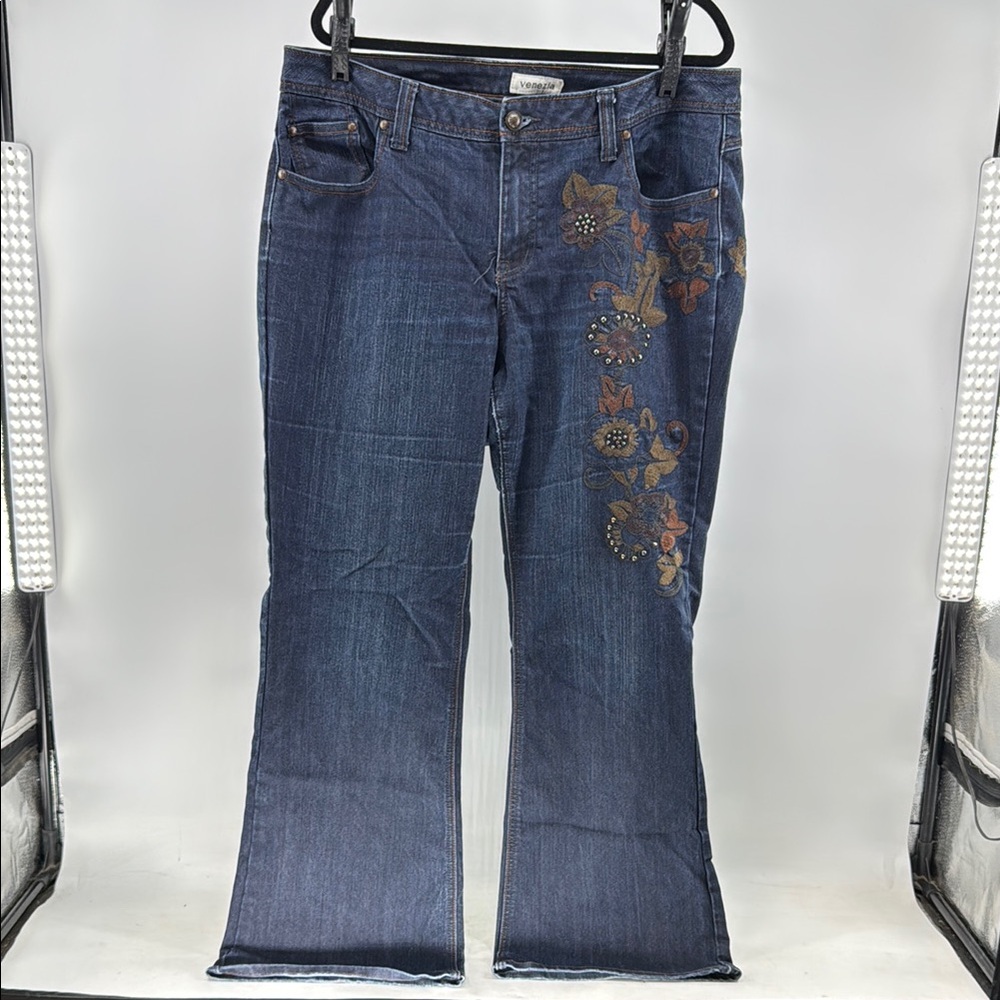 Venezia Dark Blue Flare Jeans with Floral Embroidery